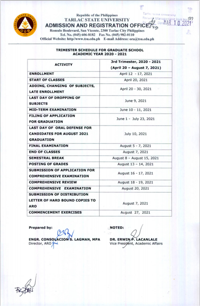 Trimester Schedule for Graduate School A.Y. 20202021 Tarlac State
