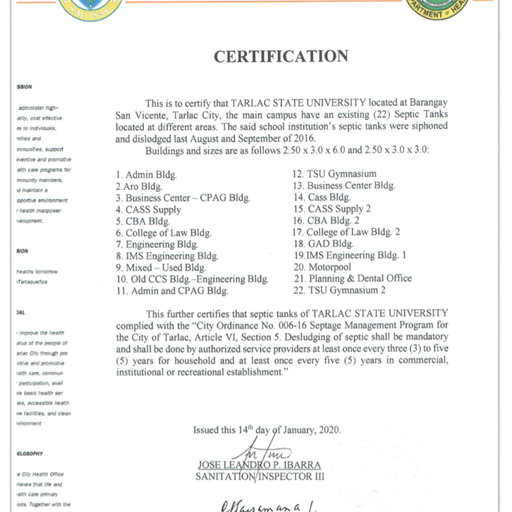 Certification of the Septage Management Program